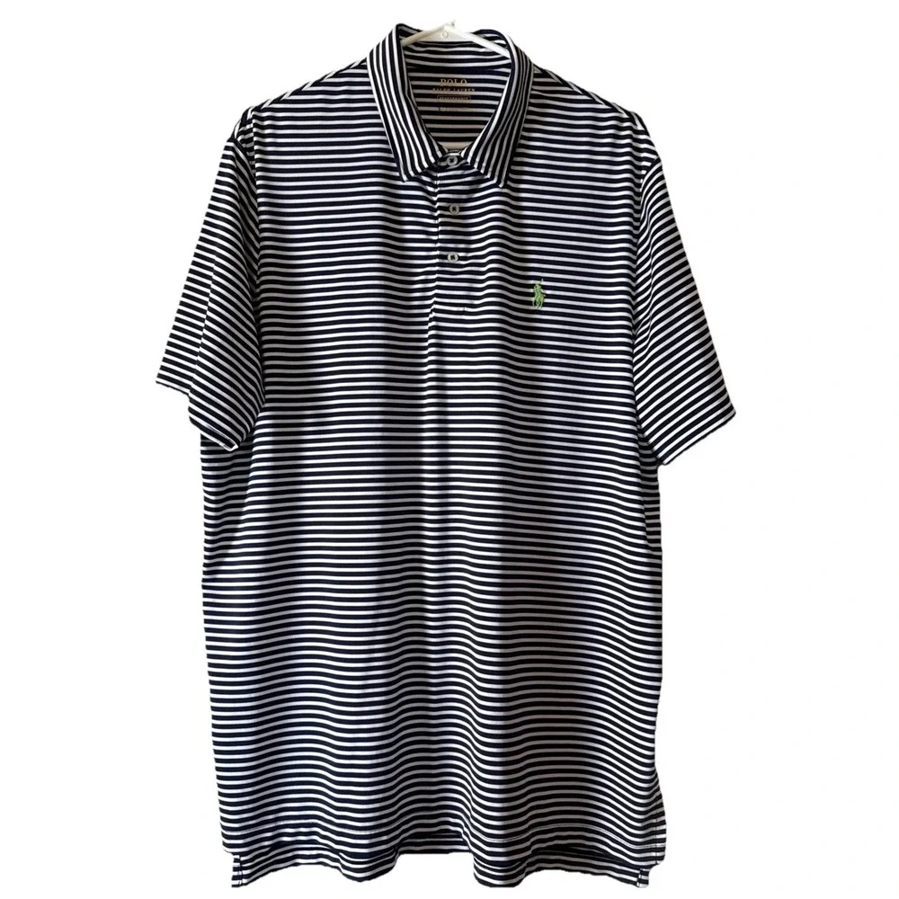 Polo Ralph‎ Lauren Polo Shirt Mens Large Navy White Striped Performance Golf EUC